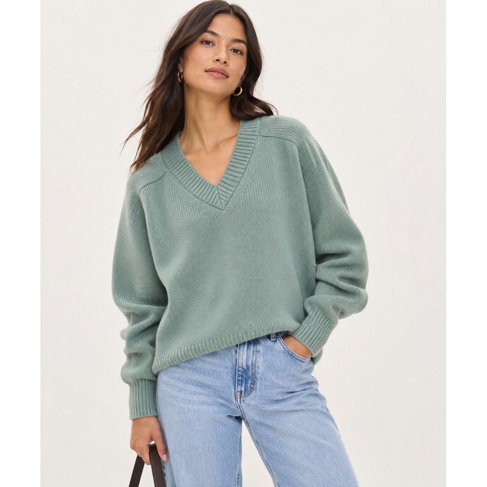 Staud Hampton Light Blue Wool Blend V-Neck Chunky Knit Sweater Womens Medium